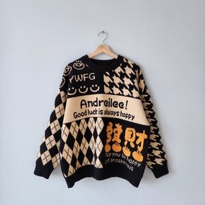 Black Cream Happy Wool Argyle Sweater